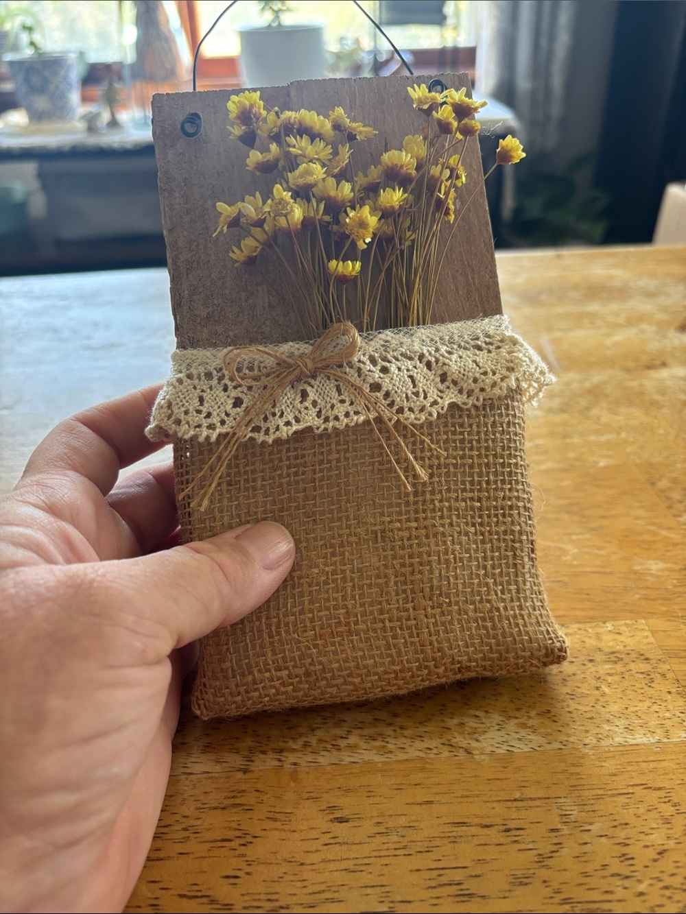 Vintage Burlap Hanging Sachet with Yellow Blooms